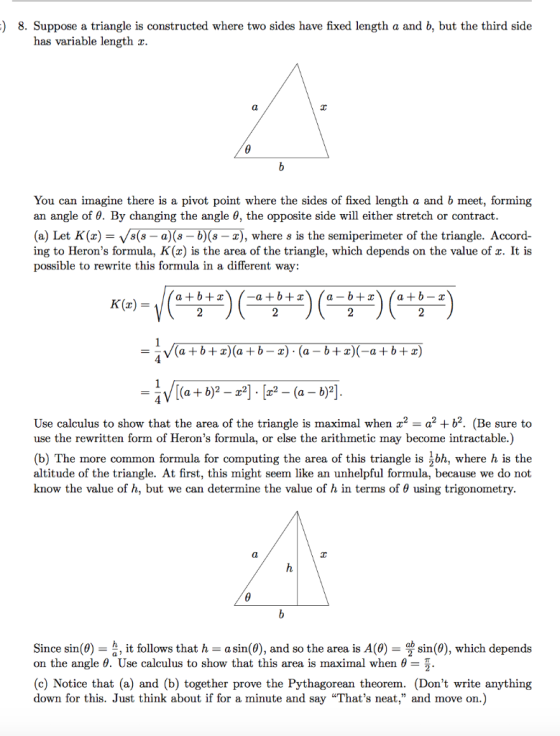 ) 8. Suppose a triangle is constructed where two sides have fixed length a and b, but the third side has variable length x Yo