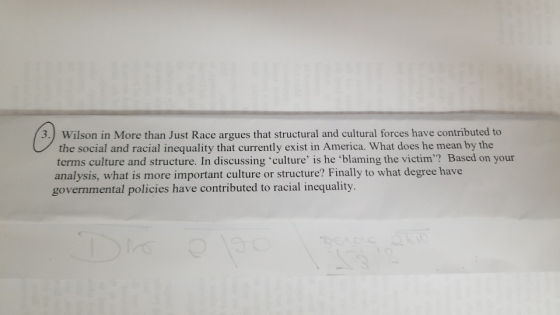 3) Wilson in More than Just Race argues that structural and cultural forces have contributed to terms culture and structure.