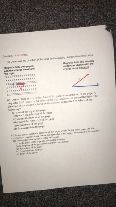 Question 1 (10 points). (a) Determine the direction of the force on the moving charges described below Magnetic field into pa