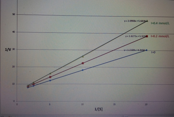 50 -2 0908x +5 681-0.4 mmol/L ys 1.6271x +5.929 に0.2 mmol/L 30 1-0 20 10 10 15 20 1/[S]