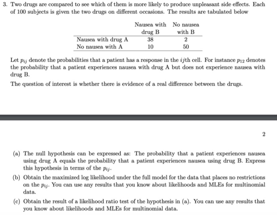 3. Two drugs are compared to see which of them is more likely to produce unpleasant side effects. Each of 100 subjects is giv