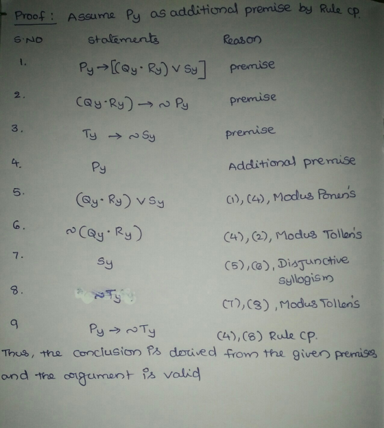 Proof: Assuma Py as additional premise by Rule c stalements Pu→[c@y . RJ) Sy] premise 2 premise 3 premase Additional premise