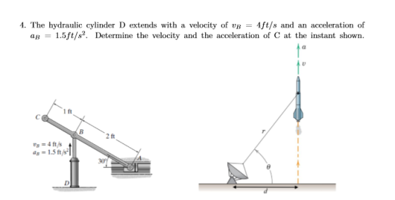 4. The hydraulic cylinder D extends with a velocity of vAft/s and an acceleration of -1.5ft/s2. Determine the velocity and th
