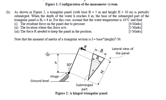 Figure 1: Configuration of the manometer system Figure 2, a triangular panel (with base B As shown in (b) submerged. When the