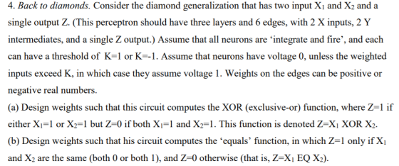 4. Back to diamonds. Consider the diamond generalization that has two input Xi and X2 and a single output Z. (This perceptron