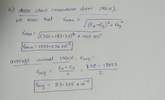 b sheav stain (maximum shear stain); Vmax Know that we Ymar = 350+153.33) 2 +1501 105 mox ニ1593-034メ10 5HYain, Gavg avevage n