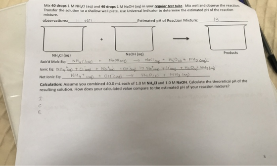 Mix 40 drops 1 M NH,CI (ag) and 40 drops 1 M NaOH (ag) in your reqular test tube. Mix well and observe the reaction. Transfer