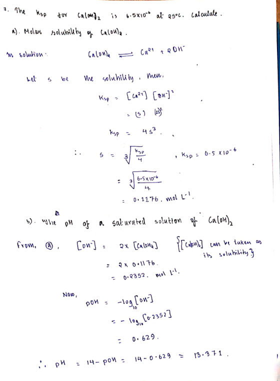 Ksp Calom2 6:5X10 al 85°C. Calculate A). Molar holuhil hy Caloula CalowA t 0H Whe oluiiby Сur] [aw] Кър (S) ksp Ksp 6.s x10