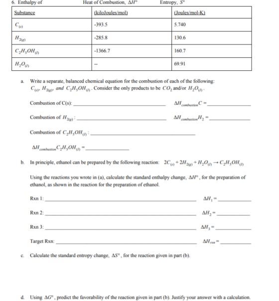 6. Enthalpy of Heat of Combustion, AHo Entropy, So 393.5 285.8 -1366.7 5.740 130.6 160.7 69.91 20g) a. Write a separate, bala