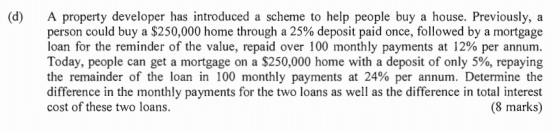 (d) A property developer has introduced a scheme to help people buy a house. Previously, a person could buy a $250,000 home t
