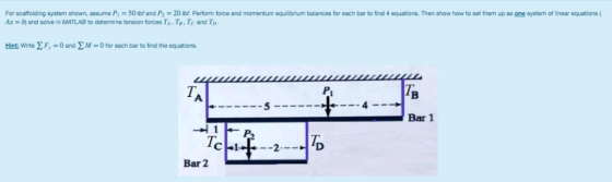For scaffolding system shown, assume P1-50 lbf and P2-20 lbf. Perform force and momentum equilibrium balances for each bar to