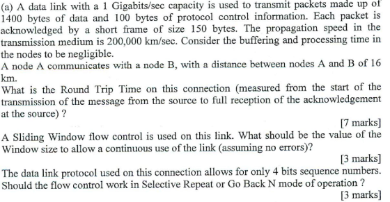 (a) A data link with a 1 Gigabits/sec capacity is used to transmit packets made up of 1400 bytes of data and 100 bytes of pro