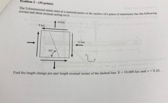 Problem 2-(20 points) The 2-dimensional stress state at a material point normal and shear stresses acting on it: on the surfa