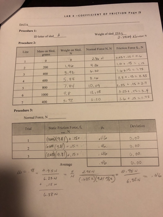 LAB 4 -COEFFICIENT OF FRICTION Page 15 DATA Procedure 1: ID letter of sled Weight of sled 233 Procedure 2 Line Mass on Sled,