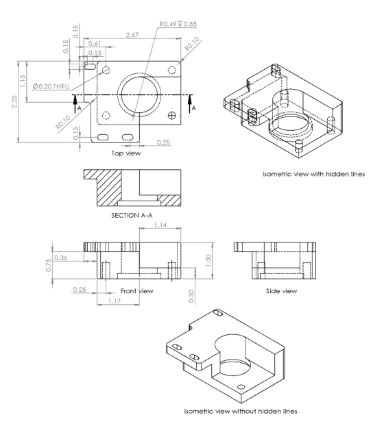 R0.49 Ψ0.85 2.67 0.61 0,15 φ0.20 THRU CN 0.25 Top view sometric view with hidden lines SECTIONA-A 1.14 0.36 0.25 Front view S
