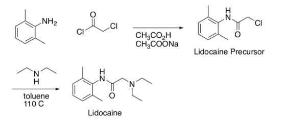 N. HN CI CI CI сH,CO2H CHяCOONa Lidocaine Precursor N H .N N toluene 110 C Lidocaine IZ