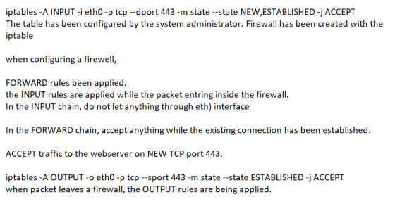 iptables -A INPUT -i eth0 -p tcp --dport 443 -m state --state NEW,ESTABLISHED -j ACCEPT The table has been configured by the