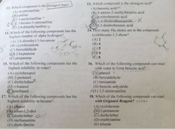 12. Which compound is the strongest acid? 11. Which compound is the strongest base? (A) benzoic acid (B) 4-amino-2-methylbenz