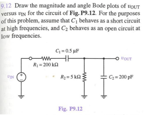 9.12 Draw the magnitude and angle Bode plots of voUT versus vIN for the circuit of Fig. P9.12. For the purposes of this probl