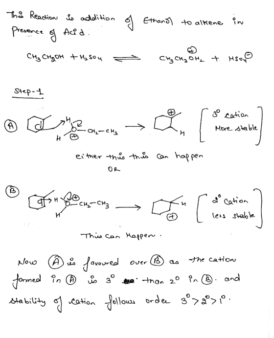 Reaction, addi ion ethan to alkene , 0 Step-H More ata ble OP- d Cahion less Jtalble ao -the caHon
