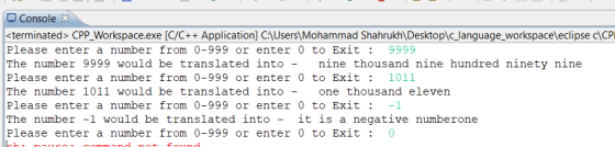Console terminated> CPP_Workspace.exe [C/C++ Application] CAUserstMohammad Shahrukhl Desktoplc language_workspaceleclipse cIC