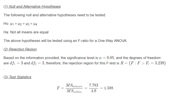 (1) Null and Alternative Hypotheses The following null and alternative hypotheses need to be tested: Ha: Not all means are eq