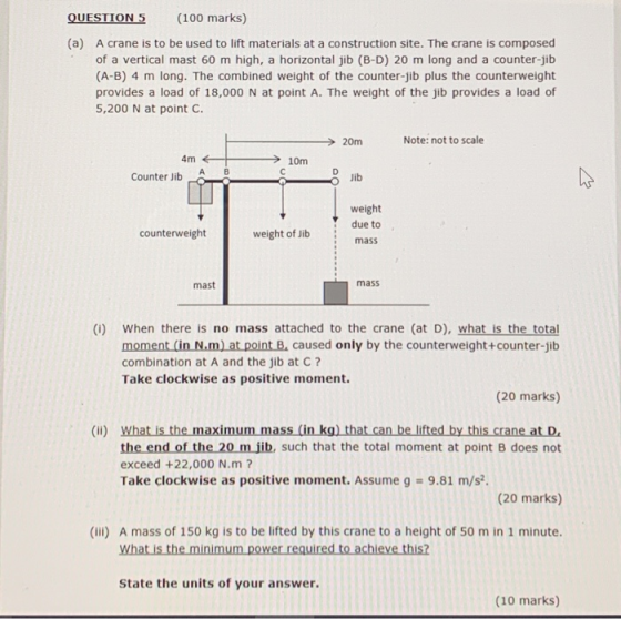 QUESTION 5 (100 marks) (a) A crane is to be used to lift materials at a construction site. The crane is composed of a vertica