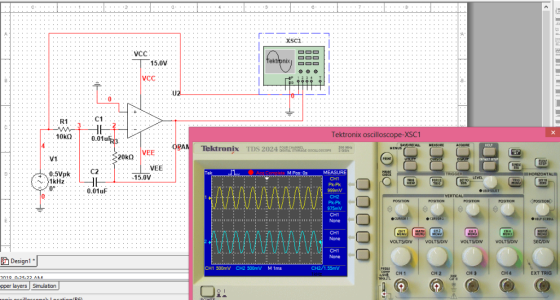 r. xsci VCC 15.0v ek VCC 8 U2 R1 C1 Tektronix oscilloscope-XSC1 0.01u OBAN Tektronix TDS 202 OSCELOSCOPE VEE V1 C2 VEE M Pos: