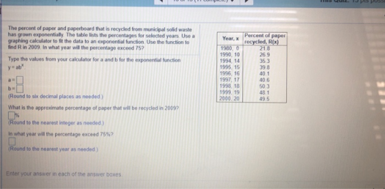 The percent of paper and paperboard that is recycled from municipal solid waste has grown exponentially The table lists the p
