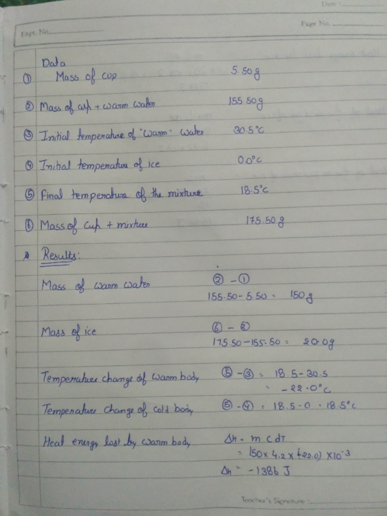 Date Fage No. Expt. No. Dat a Mass 5.508 Cup T J55.509 Mass c h twanm oahen Wader 20.5°C Intial tempenatue of anm 000c Tmhal