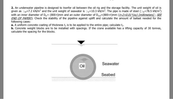 2. An underwater pipeline is designed to tranfer oil between the oil rig and the storage facility. The unit weight of oil is
