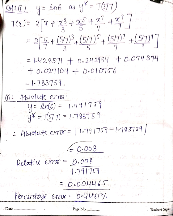 as T61) ln6 T)2 3+2 5 Et(5)(5/1)*4 (51)1 +(51)| 1.428571 t oc242954 t 0.074 374 t o.027104 0.01016 = |.783759 bote error =ln