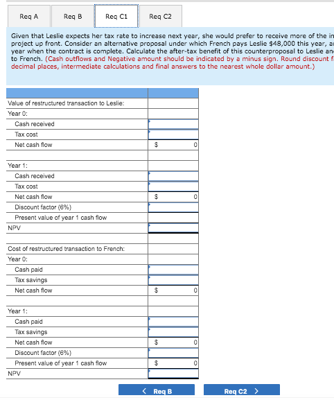 Req C2 Req A Req B Req C1 Given that Leslie expects her tax rate to increase next year, she would prefer to receive more of t