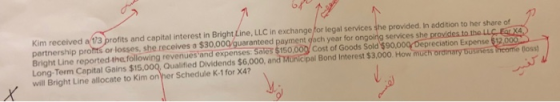 Kim received a 1/3 profits and capital interest in Bright Line, LLC in exchangefor legal services she provided. In addition t