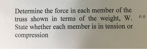 Determine the force in each member of the truss shown in terms of the weight, W. o State whether each member is in tension or