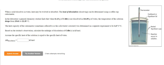 Thermometer When a solid dissolves in water, heat may be evolved or absorbed. The heat of aissolution (dissolving) can be det