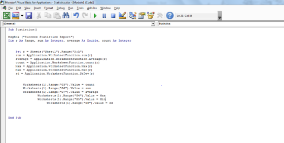 Microsoft Visual Basic for Applications- Statistics.xdsx - [Modulel (Code)] File Edit View Insert Format Debug Bun Tools Add-