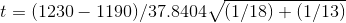 t = ( 1230 - 1190) / 37.8404 \sqrt{ ( 1 / 18) + (1 / 13 )}