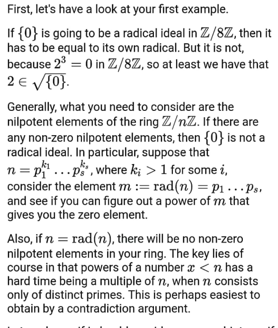 First, lets have a look at your first example. If 0y is going to be a radical ideal in Z/8Z, then it has to be equal to its