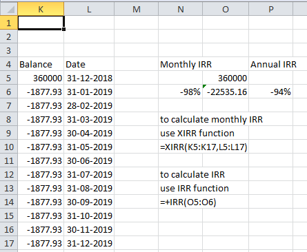 K M N 1 2 3 4 Balance Monthly IRR Annual IRR Date 5 360000 31-12-2018 360000 98%-22535.16 94% 6 -1877.93 31-01-2019 7 -1877.9