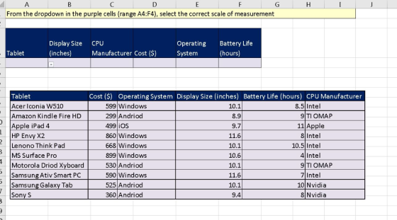 From the dropdown in the purple cells (range A4:F4), select the correct scale of measurement Display Size CPU (inches) Operat