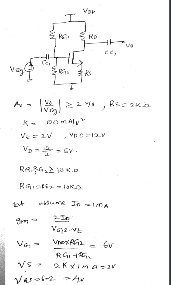 Rs Va 2 /, Rs- 2Ko Av Vsig oonAlv V 2V VD O 12V RARG2 10 K2 RGIR2e loK asume JD zIm A 2D VGs-VE VDDXRG VA RG tR 2 KxIm A 2 2V