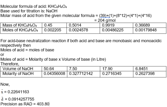 Molecular formula of acid: KHCsH4O4 Base used for titration is: NaOH Molar mass of acid from the given molecular formula (39)