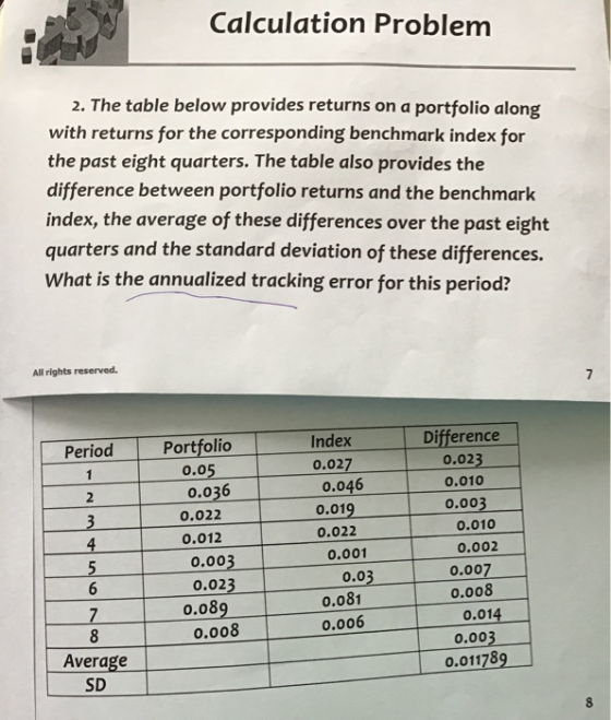 Calculation Problem 2. The table below provides returns on a portfolio along with returns for the corresponding benchmark ind
