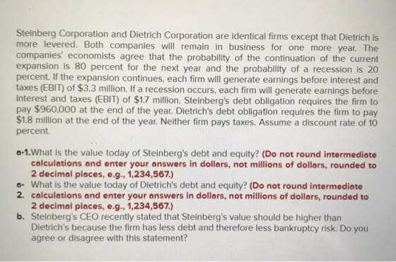 Steinberg Corporation and Dietrich Corporation are identical firms except that Dietrich is more levered. Both companies will