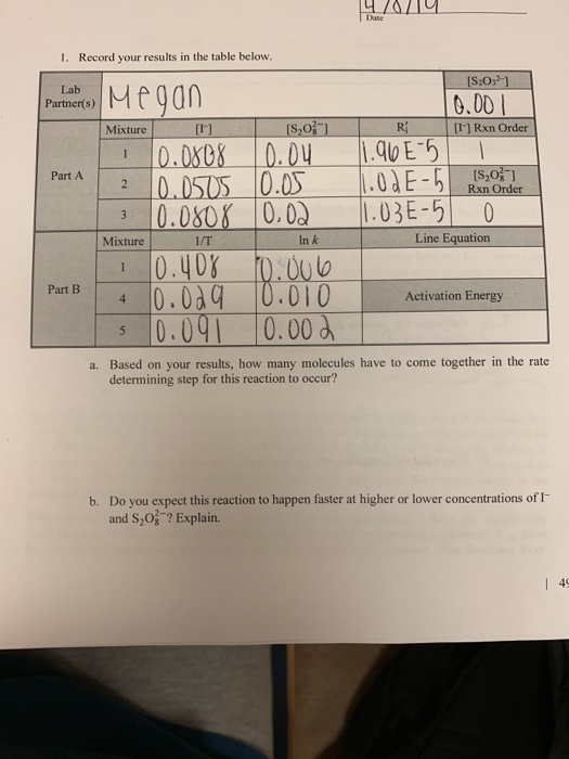 Date 1. Record your results in the table below. Lab Partner(s) 0.0D Mixture S,0R I]Rxn Order [s,0 Rxn Order Part A | 2 |DOSOS