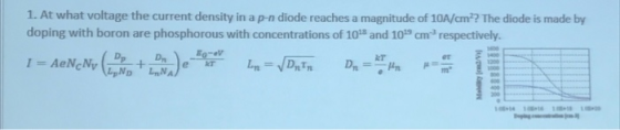 1. At what voltage the current density in a p-n diode reaches a magnitude of 10A/cm2? The diode is made by doping with boron