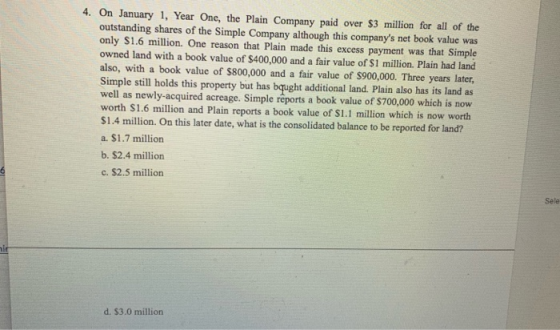 4. On January 1, Year One, the Plain Company paid over outstanding shares of the Simple Company although this companys net b