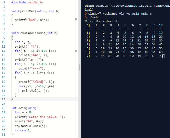 #include <stdio.h> 1 clang version 7.0.0-3-ubuntu0.18.04.1 (tags/REL 2 inal) clang-7 -pthread -lm -o main main.c > ./main voi