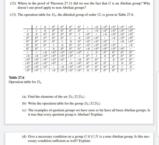 (12) Where in the proof of Theorem 27.11 did we use the fact that G is an Abelian group? Why doesnt our proof apply to non-A